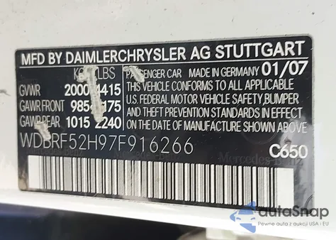 2007 Mercedes-Benz C 230 Sport z USA, uszkodzony, nr VIN WDBRF52H97F916266